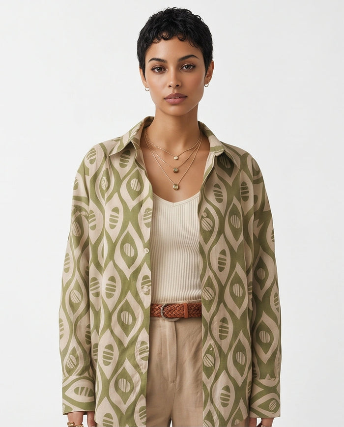 Olive Geometric Abstract Print Oversized Shirt - R217469