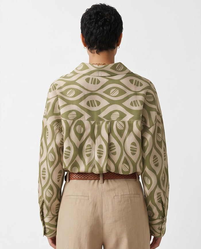 Olive Geometric Abstract Print Oversized Shirt - R217469