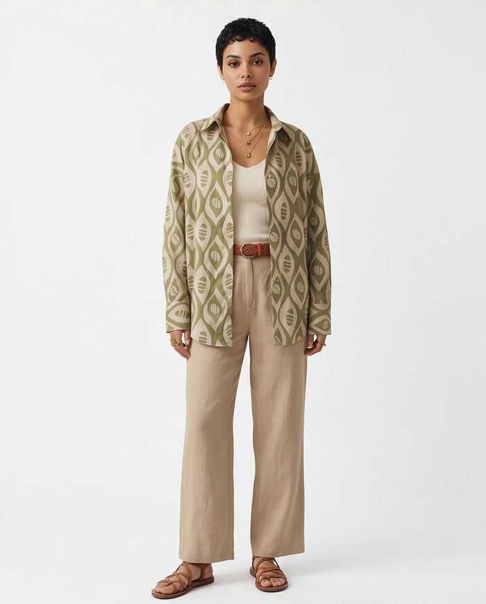 Olive Geometric Abstract Print Oversized Shirt - R217469