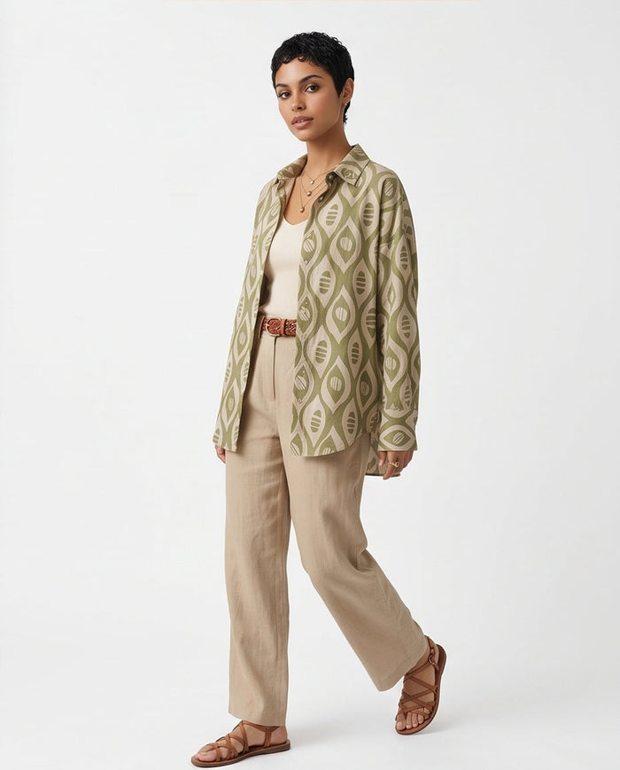 Olive Geometric Abstract Print Oversized Shirt - R217469