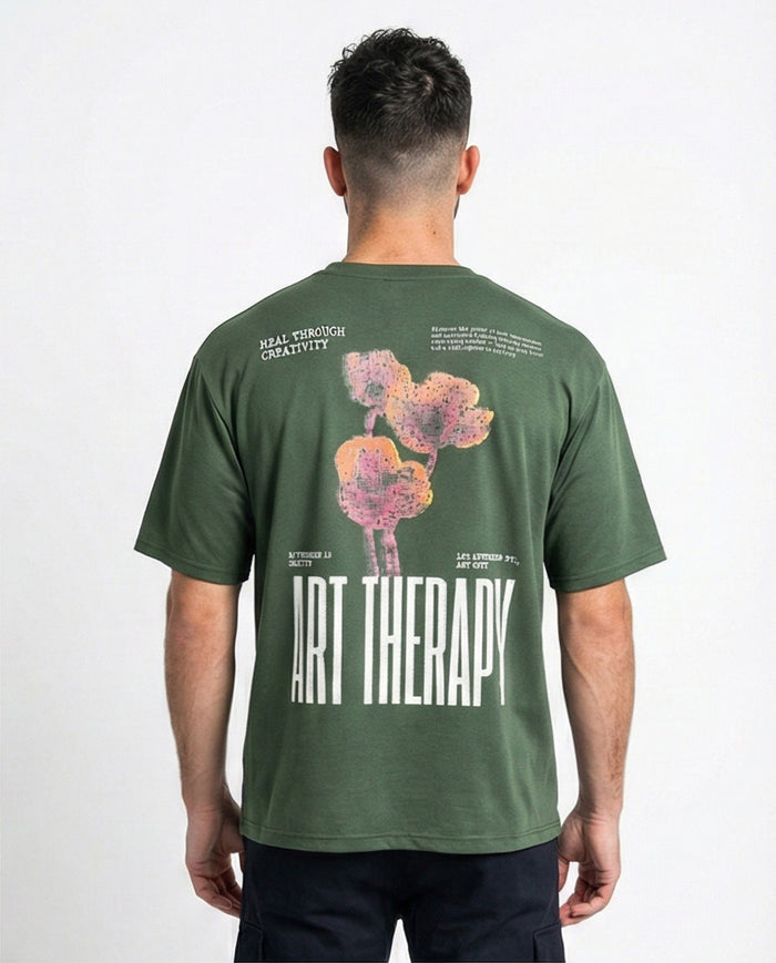 Olive Green Art Therapy Relaxed Fit Graphic T-Shirt - R216399