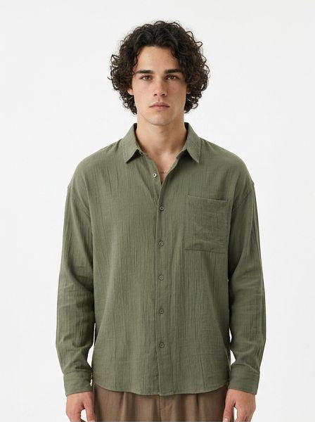 Olive Green Relaxed Fit Linen-Look Long Sleeve Shirt - R217574