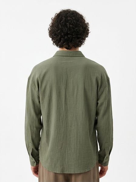 Olive Green Relaxed Fit Linen-Look Long Sleeve Shirt - R217574