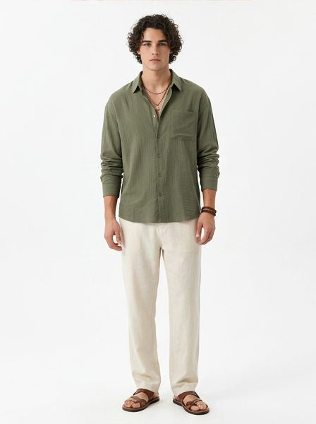 Olive Green Relaxed Fit Linen-Look Long Sleeve Shirt - R217574