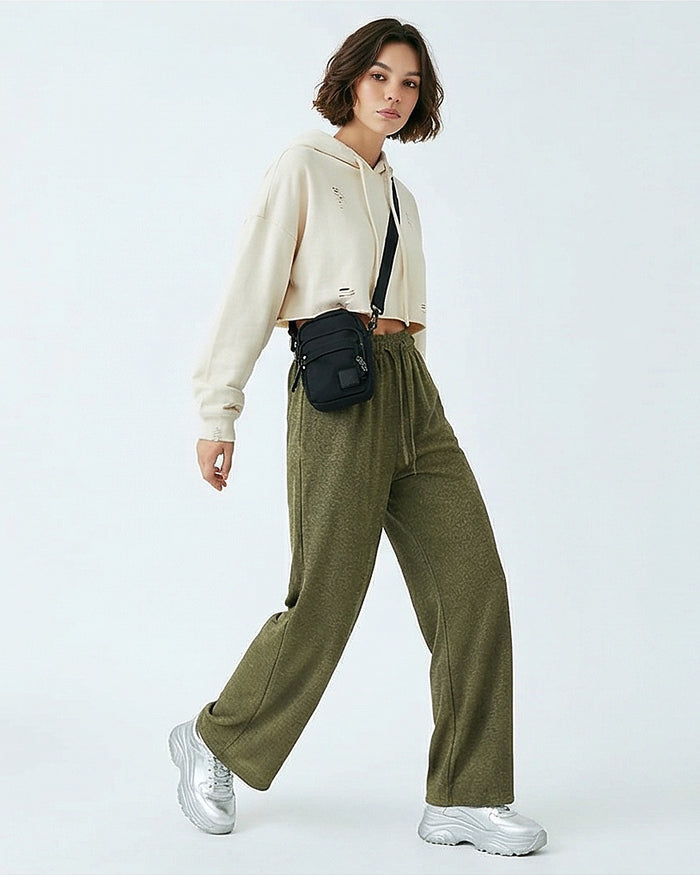 Olive Green Wide-Leg Textured Lounge Pants - R217295