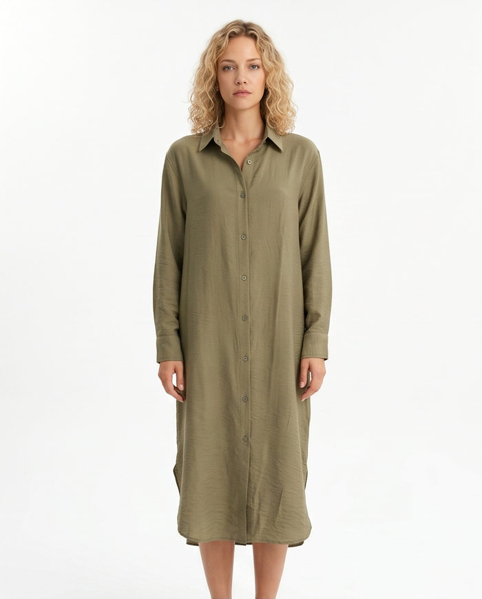 Olive Linen Oversized Maxi Tunic Shirt - R217240