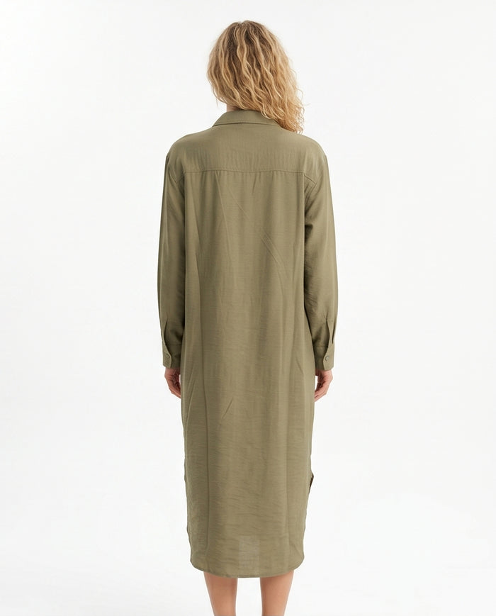 Olive Linen Oversized Maxi Tunic Shirt - R217240