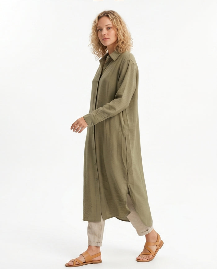 Olive Linen Oversized Maxi Tunic Shirt - R217240