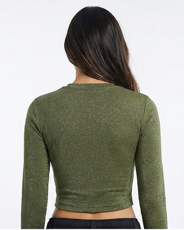 Olive Textured Long Sleeve Slim-Fit Crop Top
