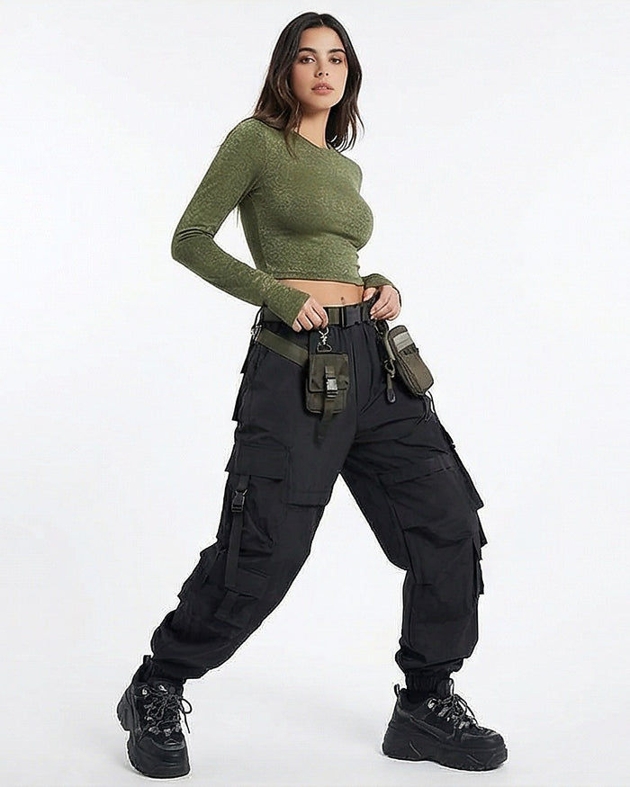 Olive Textured Long Sleeve Slim-Fit Crop Top
