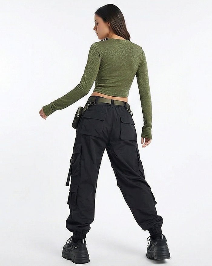 Olive Textured Long Sleeve Slim-Fit Crop Top