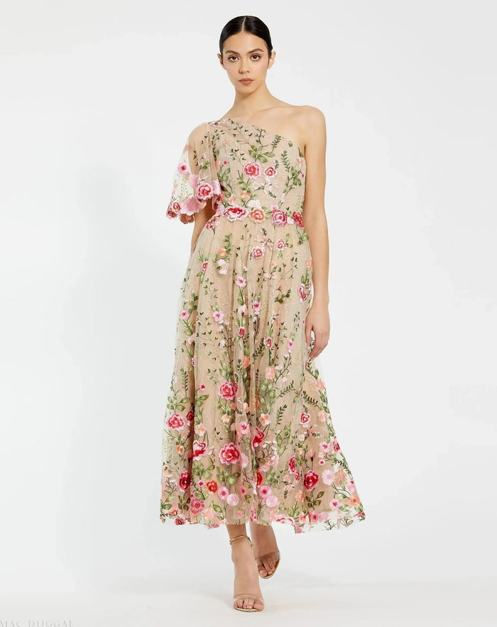 Pink One Shoulder Lace Embroidered Dress - Mac Duggal