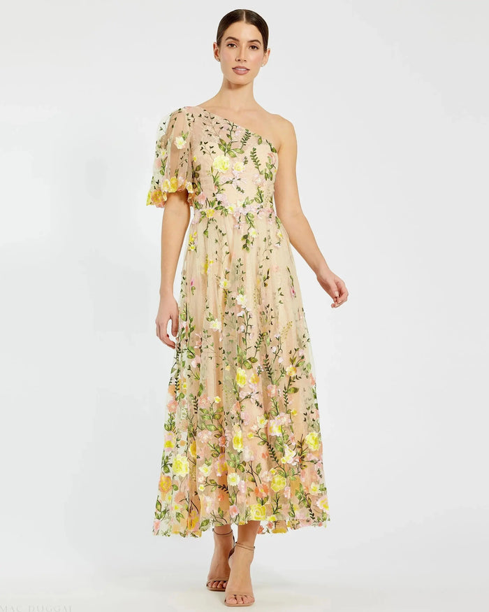 Yellow One Shoulder Lace Embroidered Dress - Mac Duggal