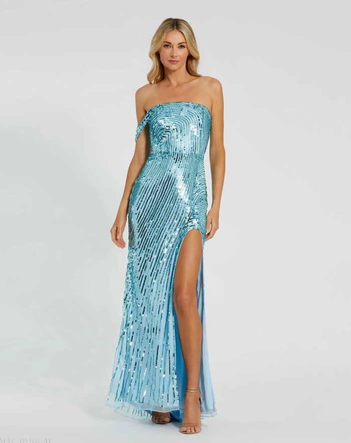 Blue One Shoulder Mesh Sequin Gown With Slit - Mac Duggal