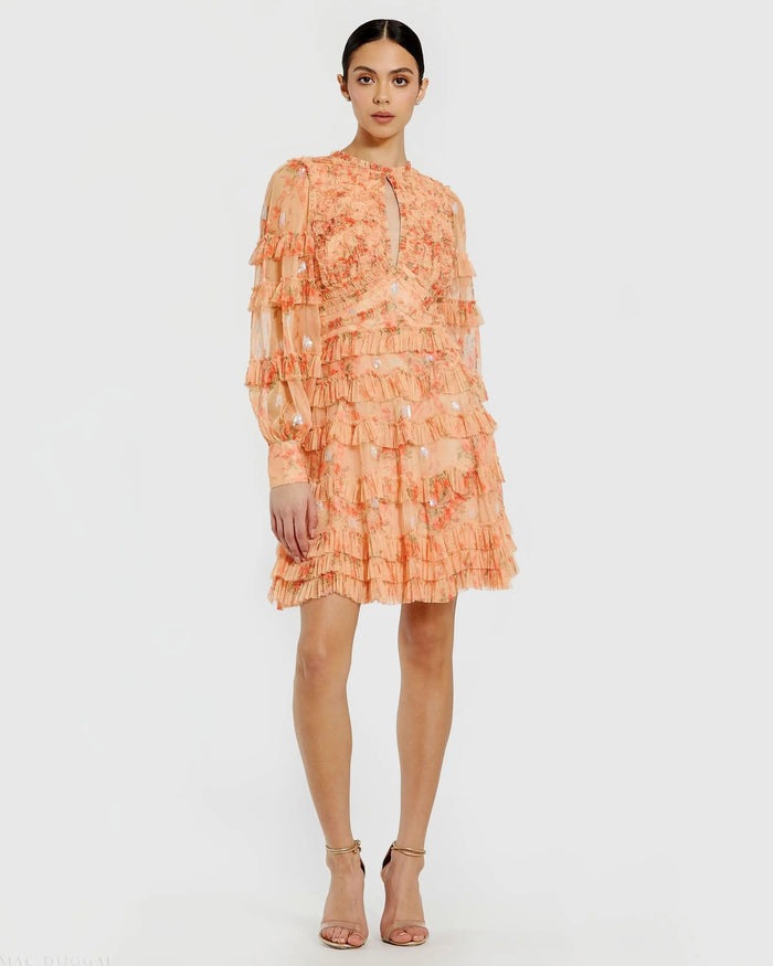Orange Key Hole Detail Long Sleeve Dress - Ieena for Mac Duggal
