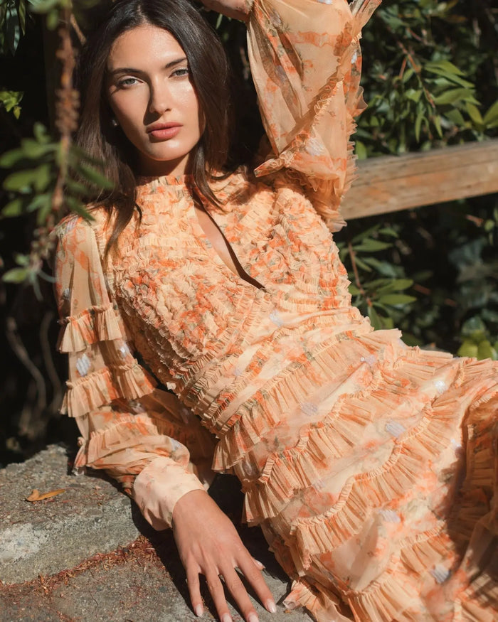 Orange Key Hole Detail Long Sleeve Dress - Mac Duggal