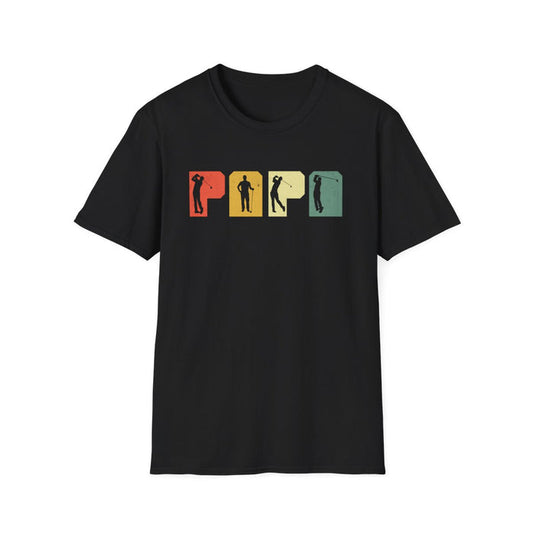 black t-shirt with Papa Golf vintage golfer design for dads