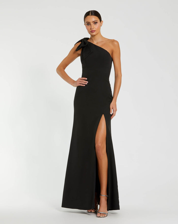 Petite Black Crepe One Shoulder Fitted Evening Gown With Bow Ieena for Mac Duggal