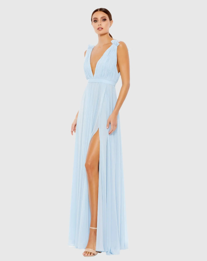 Blue Petite Pleated Chiffon Sleeveless V-Neck Gown Mac Duggal