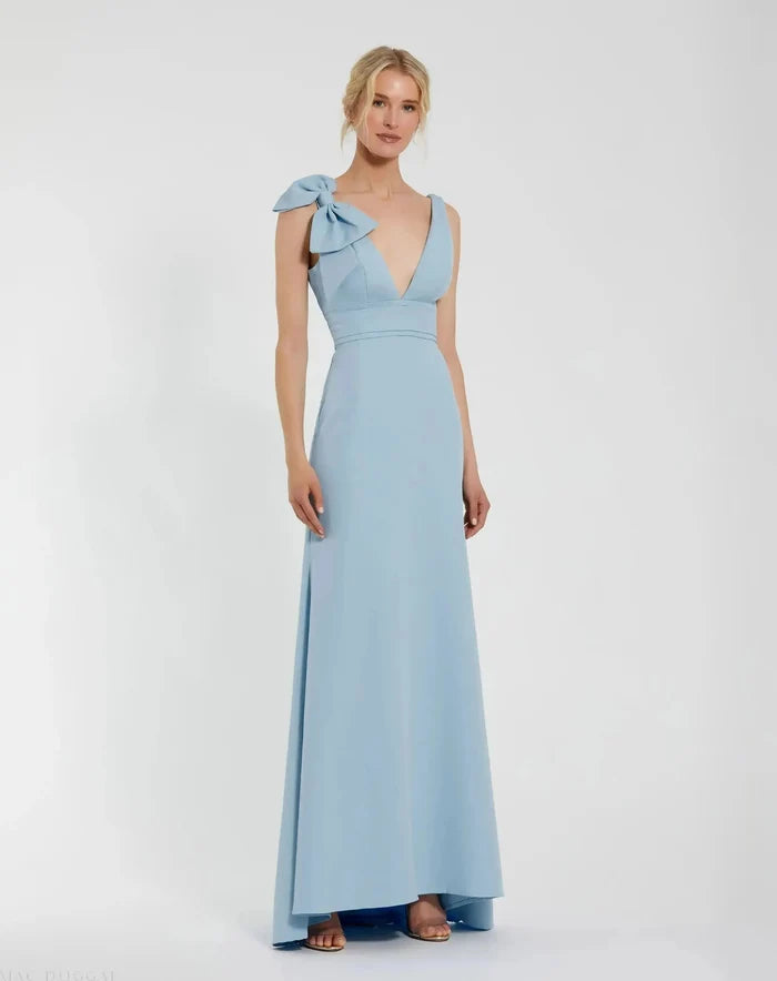Blue Petite Sleeveless V Neck Bow Detail Mermaid Gown Mac Duggal
