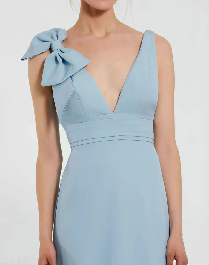 Blue Petite Sleeveless V Neck Bow Detail Mermaid Gown Mac Duggal