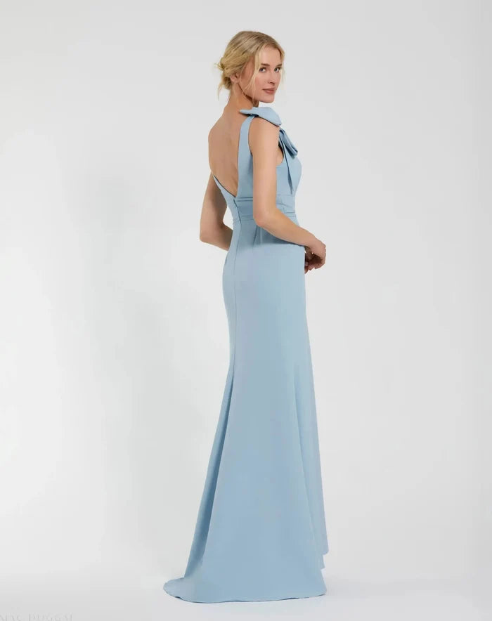 Blue Petite Sleeveless V Neck Bow Detail Mermaid Gown Mac Duggal