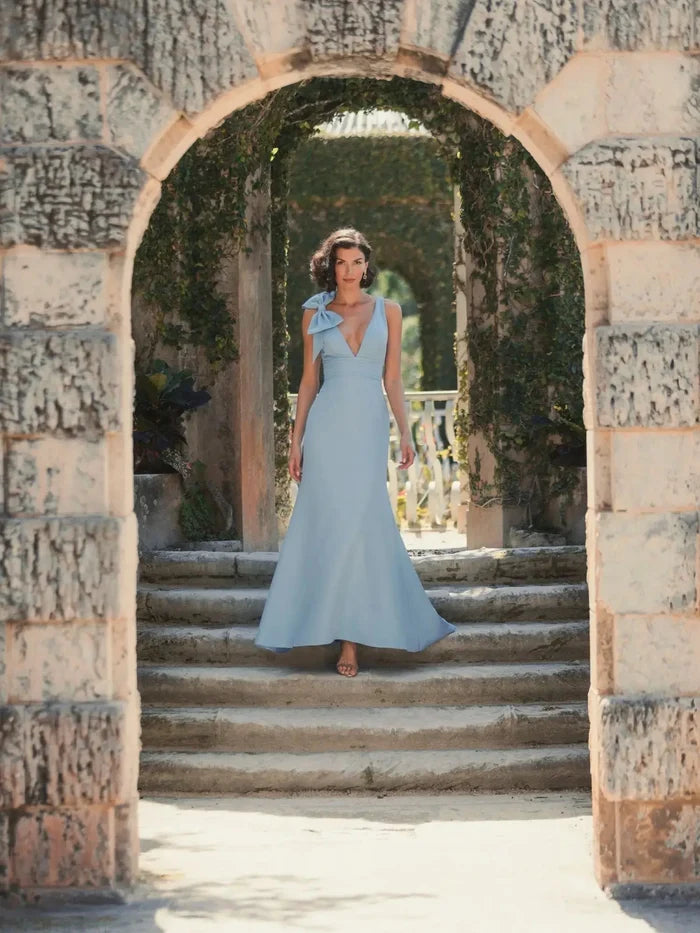 Blue Petite Sleeveless V Neck Bow Detail Mermaid Gown Mac Duggal