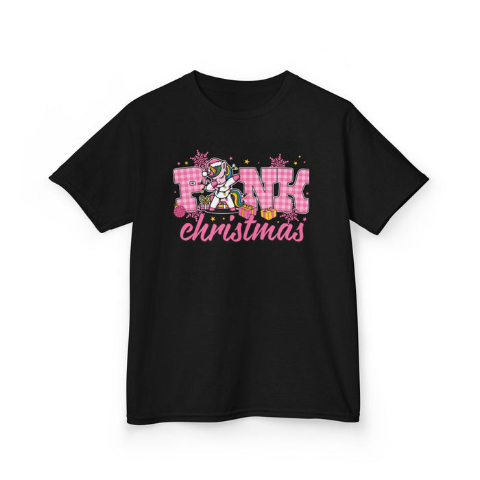 pink t-shirt with Christmas unicorn and Santa hat design for kids