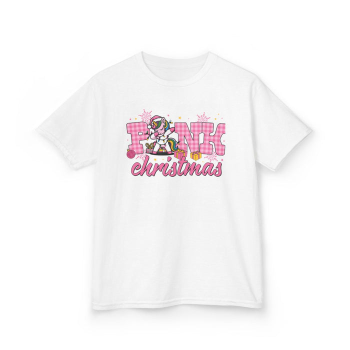 children's Christmas unicorn tee showing front print detail and fit
