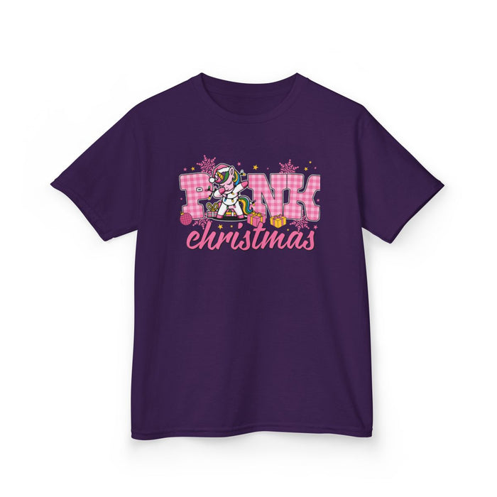 festive kids t-shirt with unicorn and holiday graphics in pink