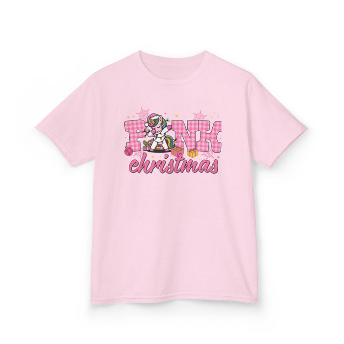 Christmas unicorn kids tee displayed on child model