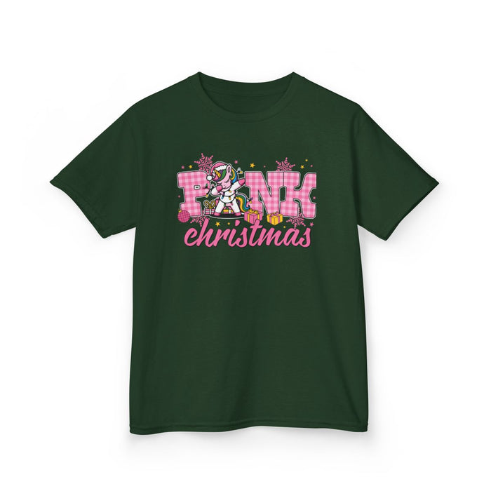 close-up of printed unicorn Christmas design on kids t-shirt