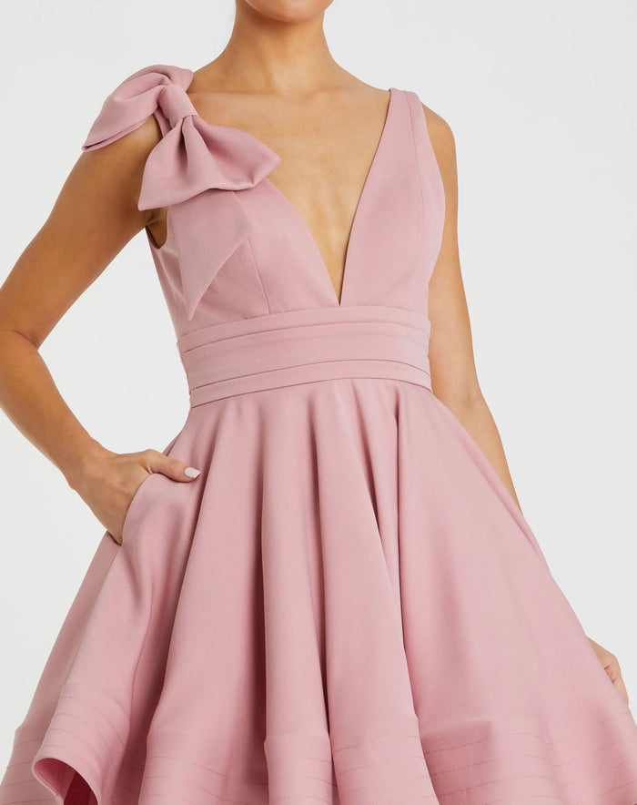 Pink Crepe Sleeveless V Neck Mini Dress With Bow - Ieena for Mac Duggal