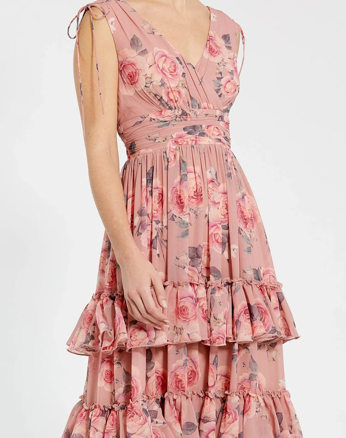 Pink Drawstring Shoulder Chiffon Tiered Floral Dress - Mac Duggal