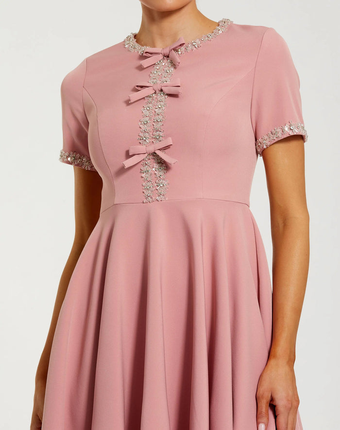 Pink Crepe A Line Mini Dress With Rhinestone Beading Ieena for Mac Duggal