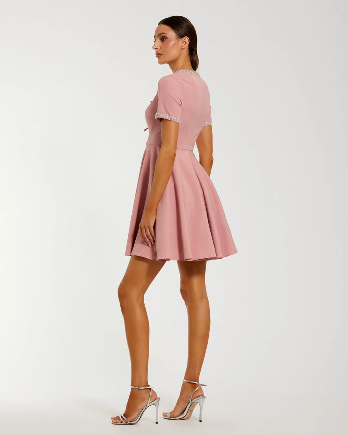 Pink Crepe A Line Mini Dress With Rhinestone Beading Ieena for Mac Duggal