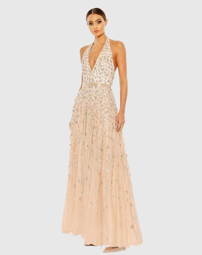 Light Pink Floral Embellished Halter Strap A Line Gown - Mac Duggal