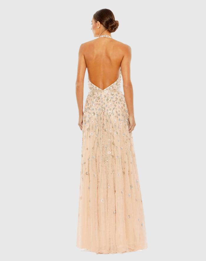 Light Pink Floral Embellished Halter Strap A Line Gown - Mac Duggal