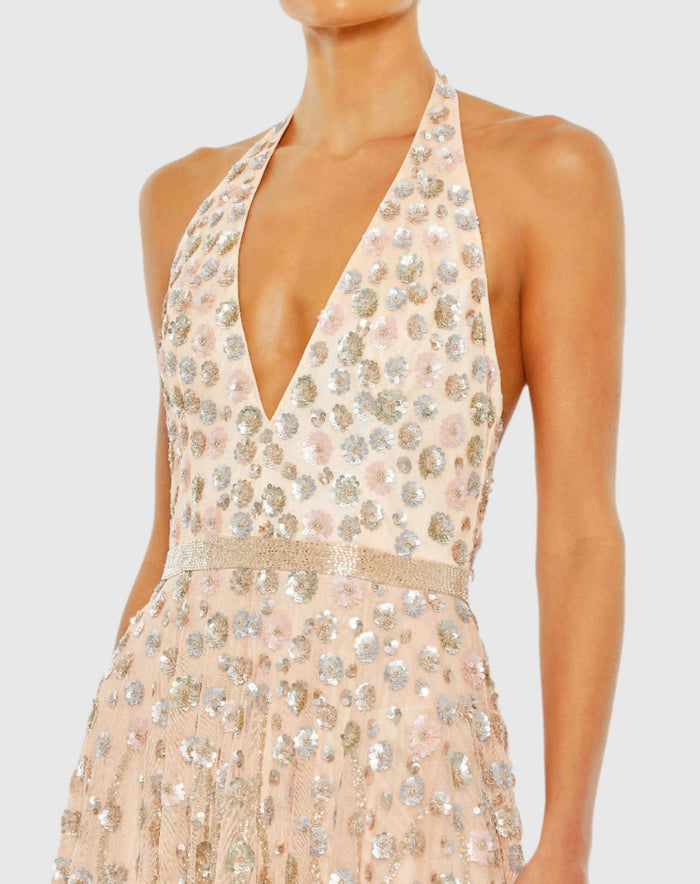 Light Pink Floral Embellished Halter Strap A Line Gown - Mac Duggal