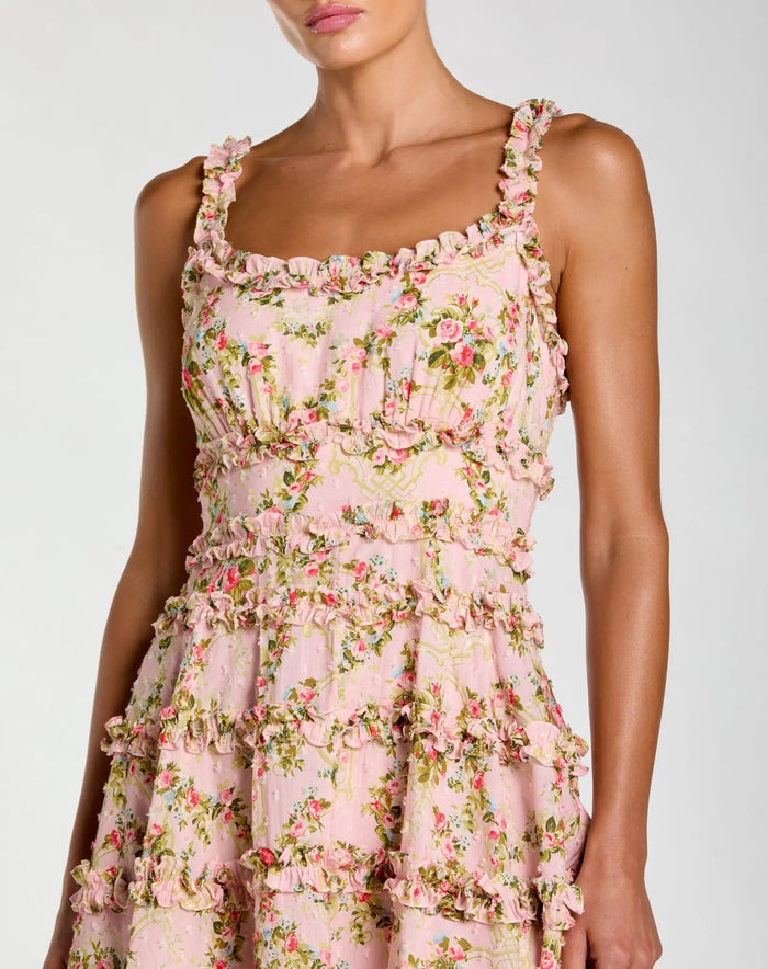 Pink Floral Square Neck Ruffled Cotton Mini Dress - Mac Duggal
