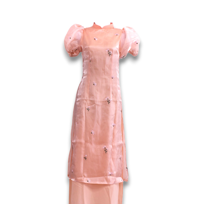 Pink Layered Satin Puff Ao Dai Set