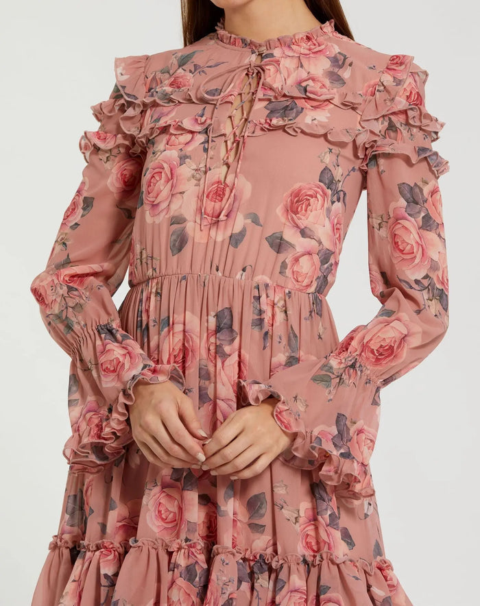 Pink Long Sleeve Lace Up Front Tiered Ruffle Dress - Mac Duggal