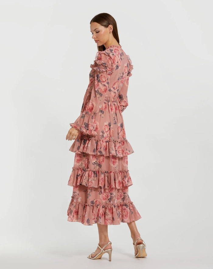Pink Long Sleeve Lace Up Front Tiered Ruffle Dress - Mac Duggal