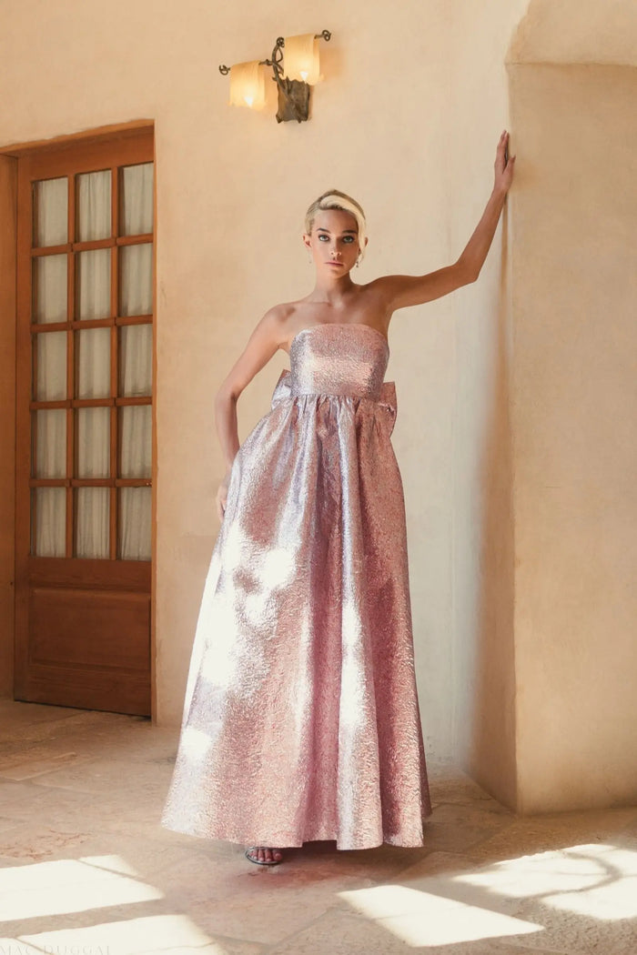 Pink Metallic Strapless Brocade Gown With Oversized Bow - Mac Duggal