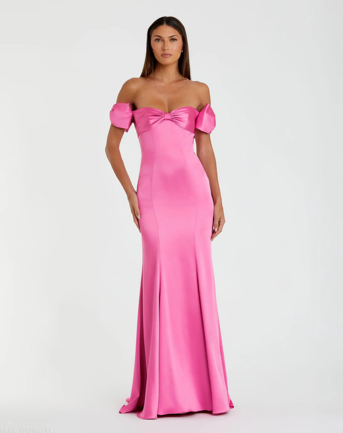 Pink Off-the-Shoulder Satin Trumpet Gown with Bows - Mac Duggal