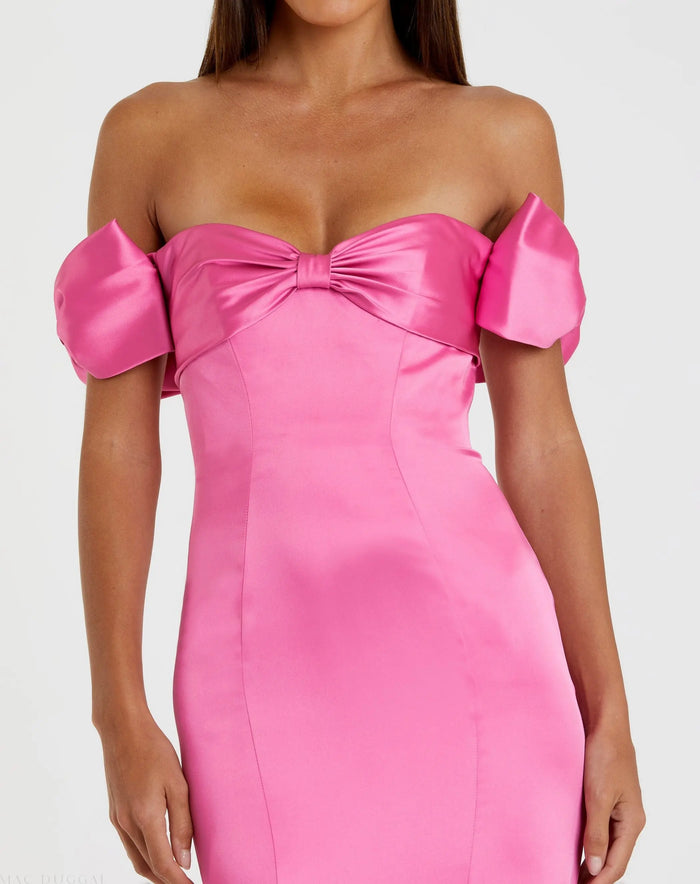 Pink Off-the-Shoulder Satin Trumpet Gown with Bows - Mac Duggal