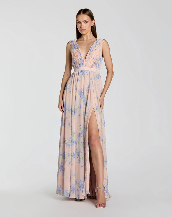 Pink Pleated Chiffon Sleeveless V-Neck Gown - Ieena for Mac Duggal