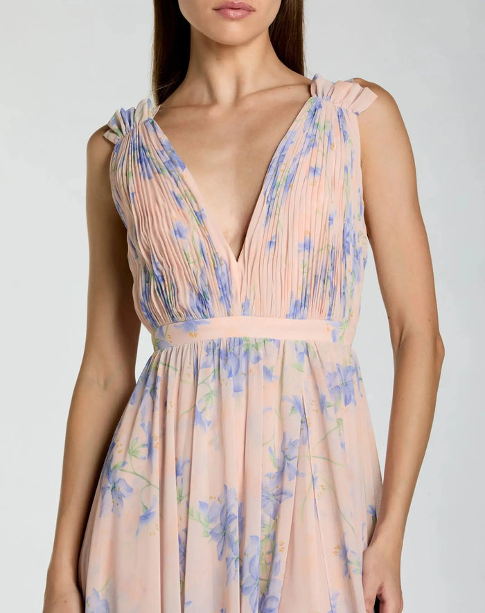 Pink Pleated Chiffon Sleeveless V-Neck Gown - Ieena for Mac Duggal