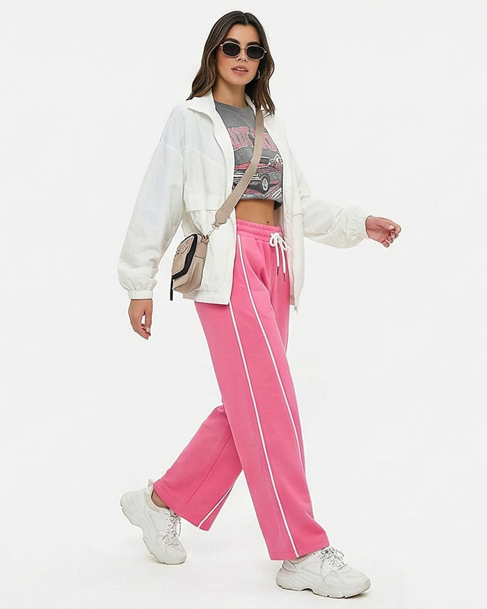 Pink Wide Leg Piping Detail Sweatpants - R216555