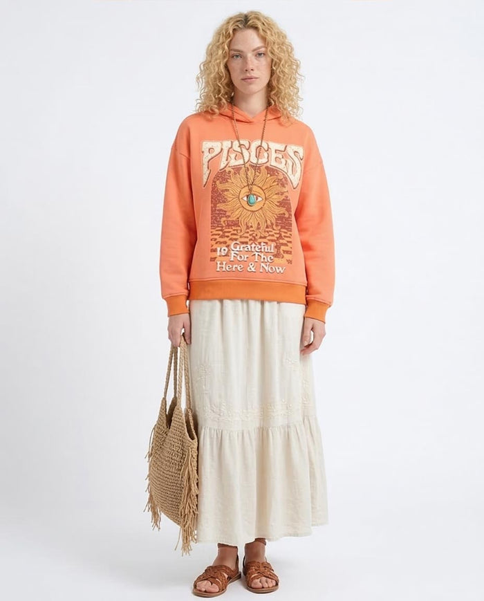 Pisces Celestial Graphic Oversized Hoodie in Vibrant Coral - O201148